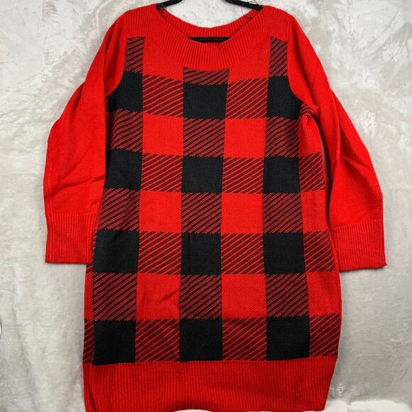Tommy Hilfiger Dresses & Skirts - TOMMY HILFIGER HOLIDAY PLAID ACRYLIC SWEATER DRESS WOMENS Size LARGE RED BLACK